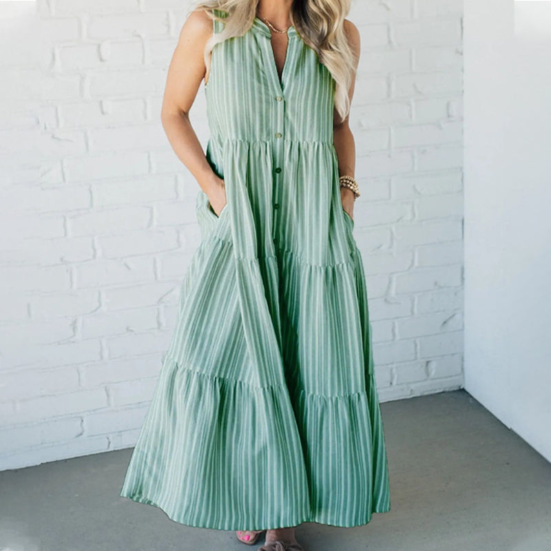 | Tiered Stripe Sleeveless Maxi Dress