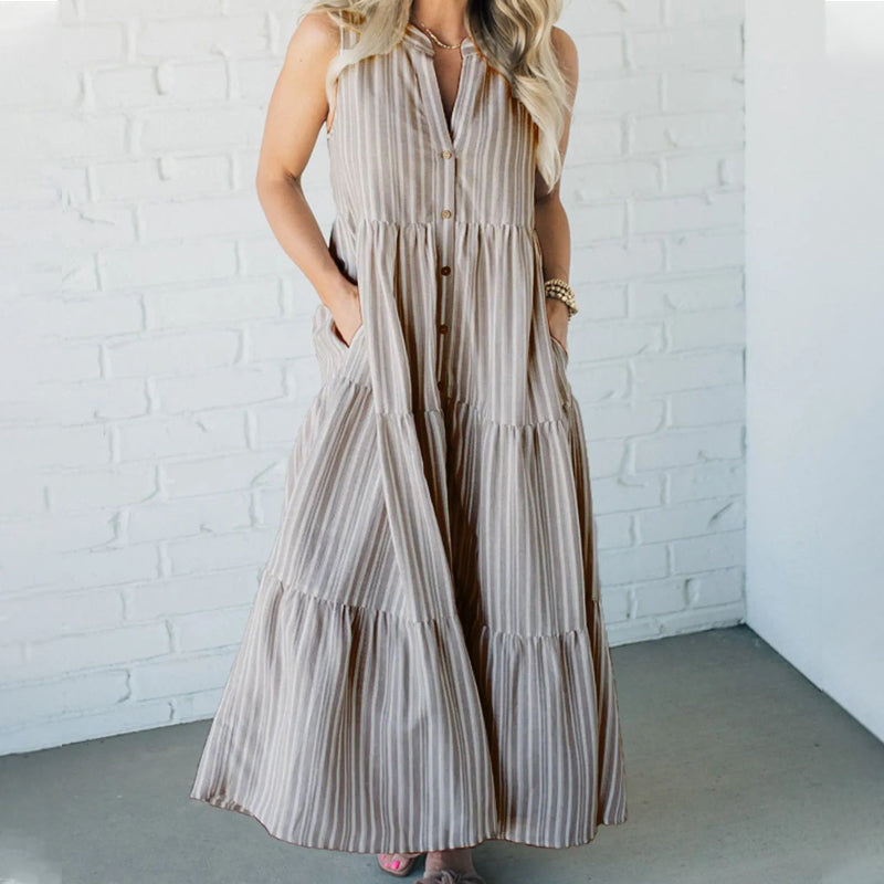 | Tiered Stripe Sleeveless Maxi Dress