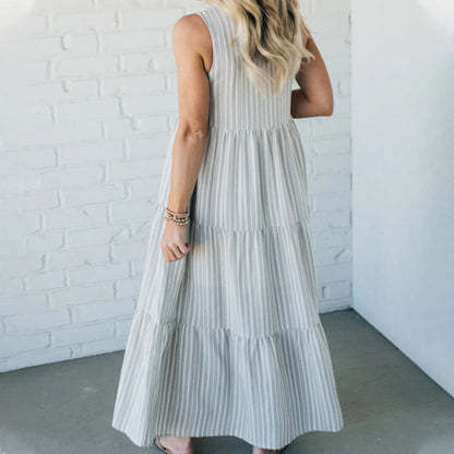| Tiered Stripe Sleeveless Maxi Dress