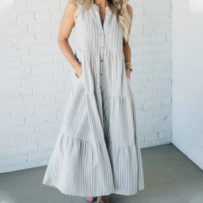 | Tiered Stripe Sleeveless Maxi Dress