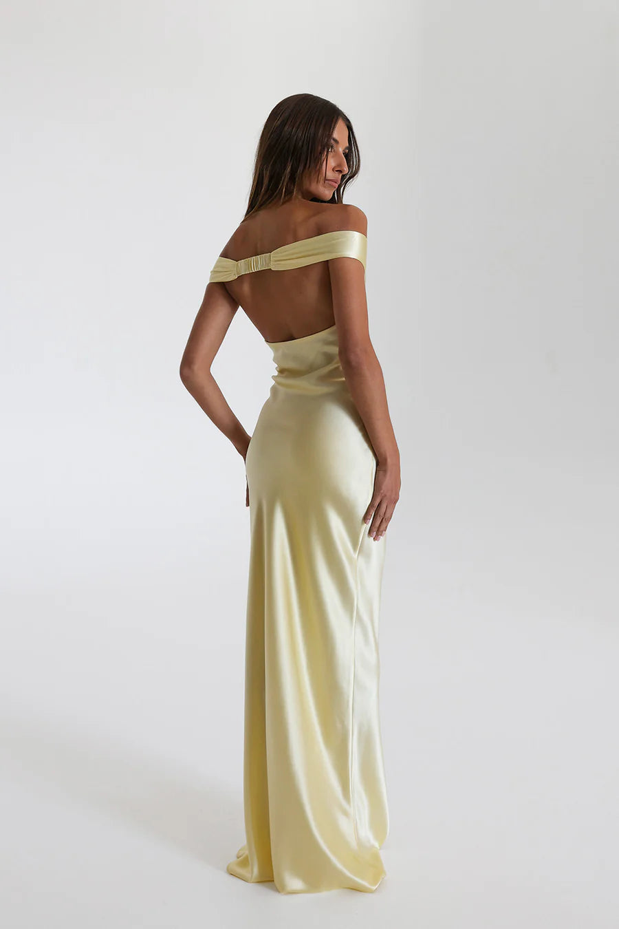 Off Shoulder Sweetheart Neck Ruched Bust Satin Column Maxi Dress