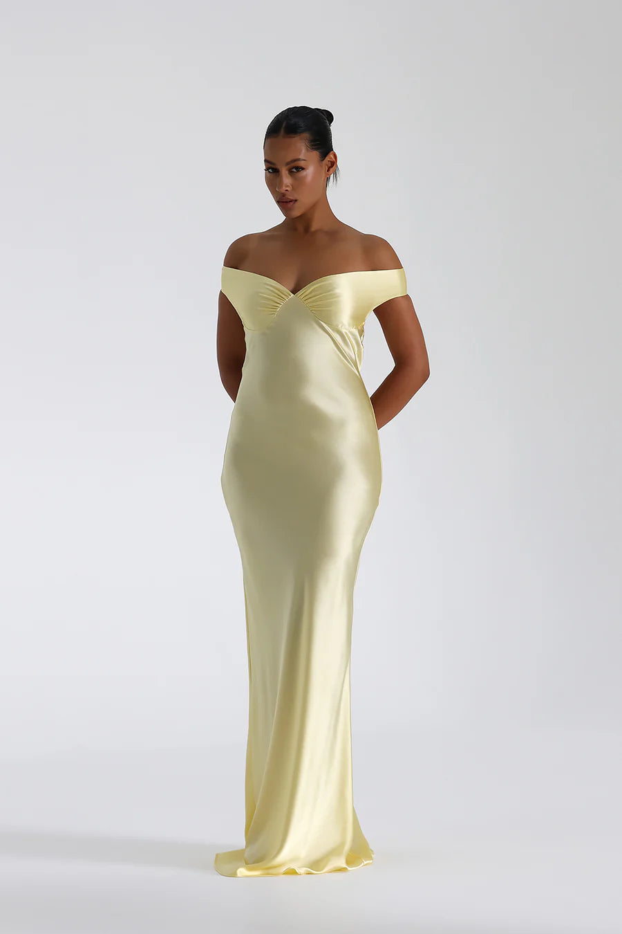 Off Shoulder Sweetheart Neck Ruched Bust Satin Column Maxi Dress