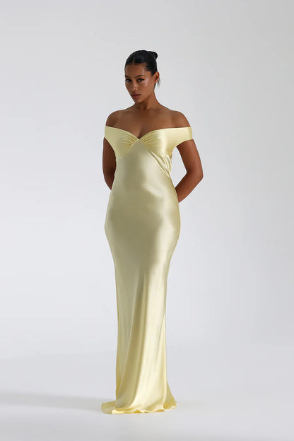 Off Shoulder Sweetheart Neck Ruched Bust Satin Column Maxi Dress