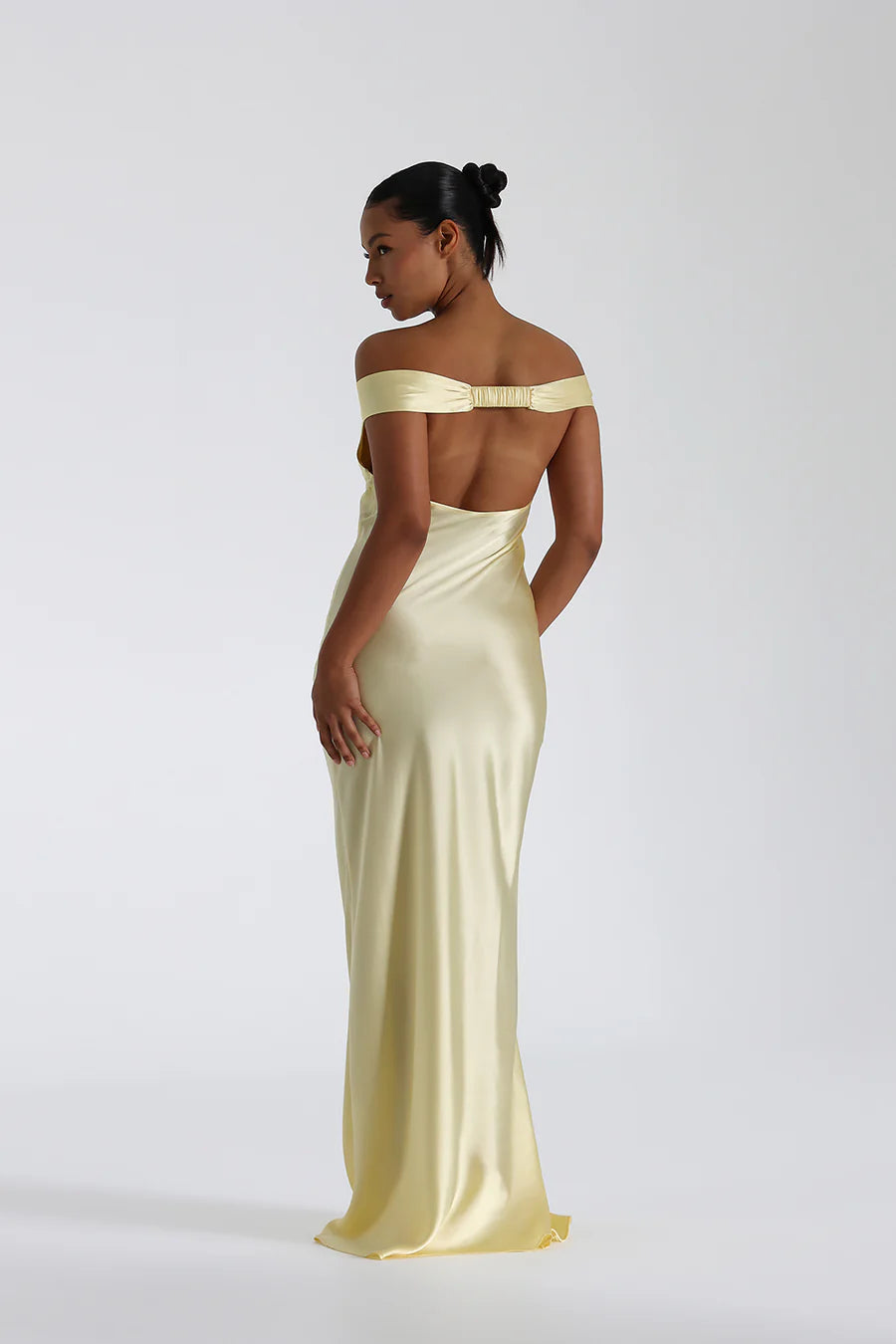 Off Shoulder Sweetheart Neck Ruched Bust Satin Column Maxi Dress