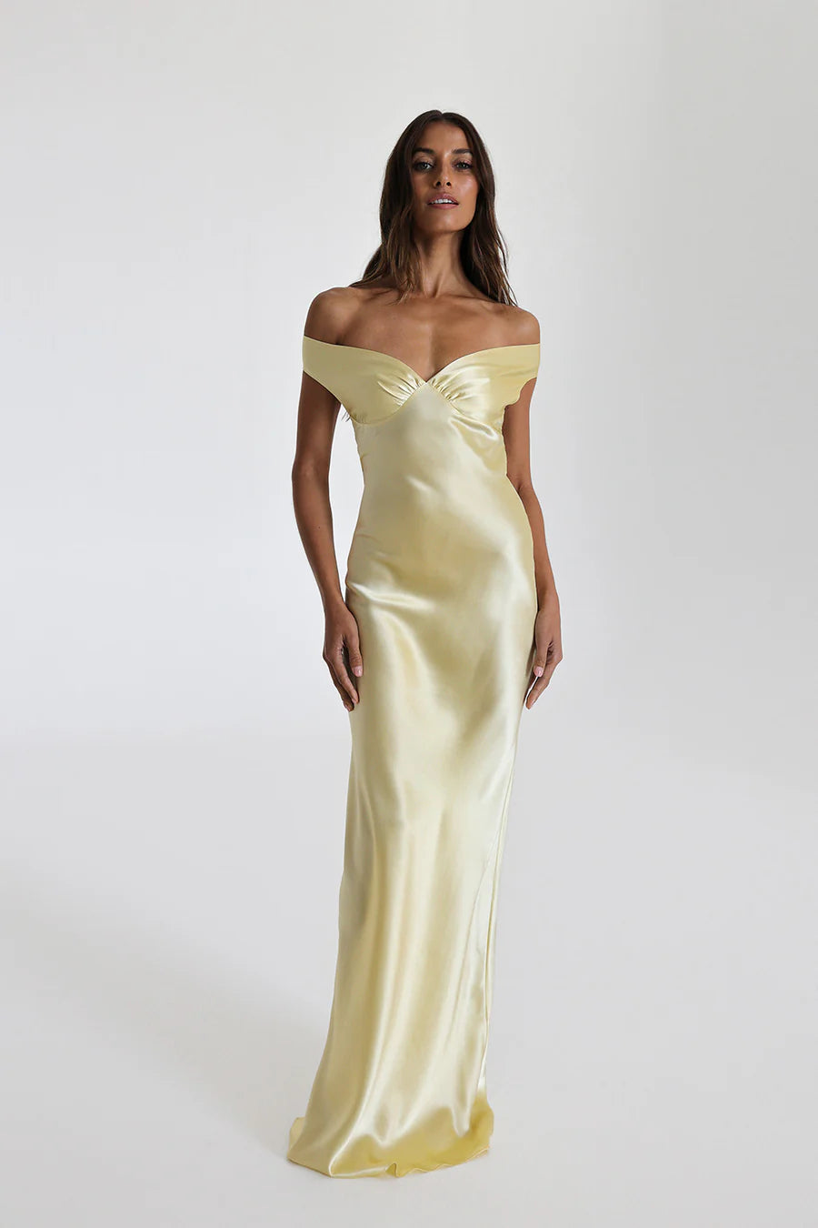 Off Shoulder Sweetheart Neck Ruched Bust Satin Column Maxi Dress