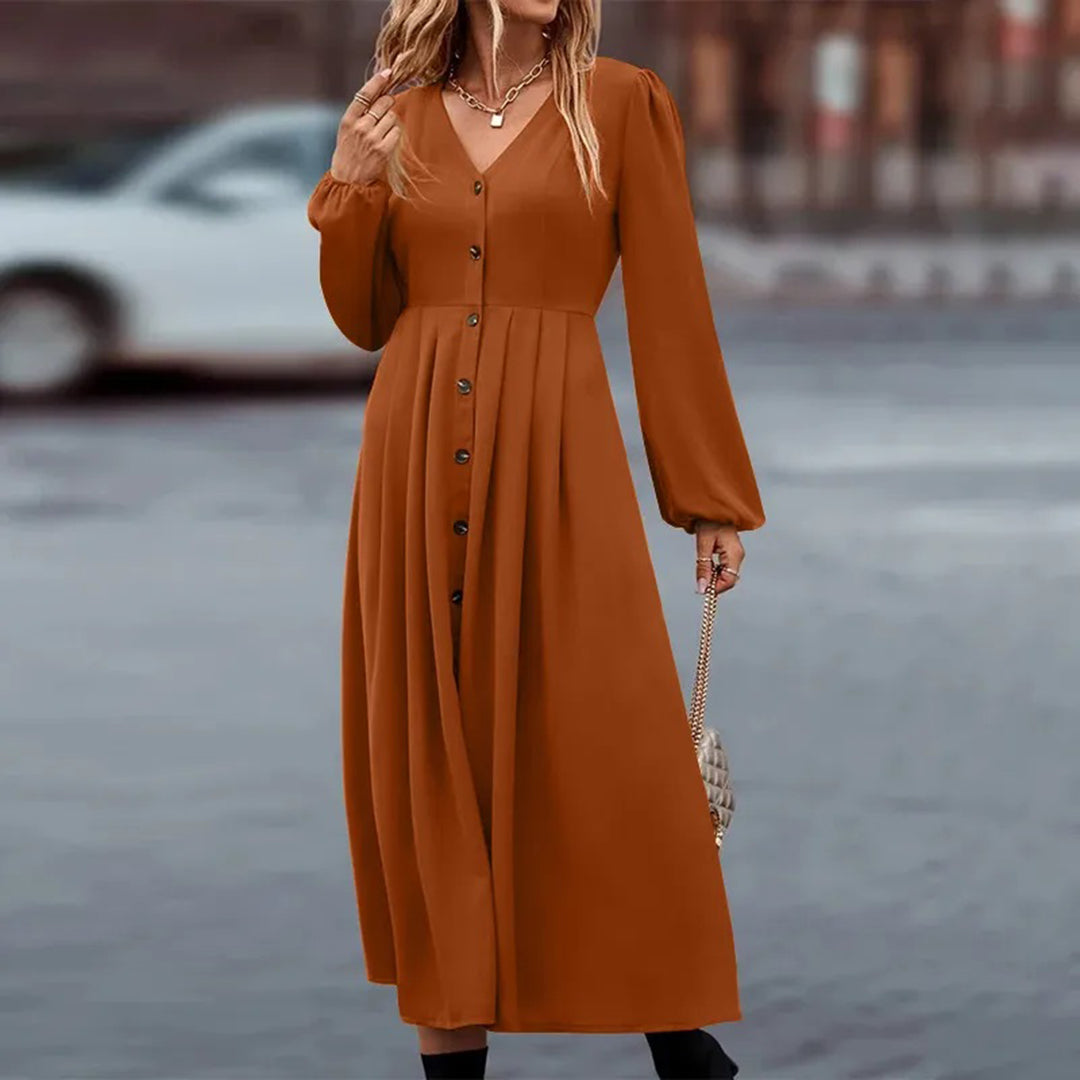 Deep V-Neck Bishop Sleeve Button-Front Pleated A-Line Midi Dress
