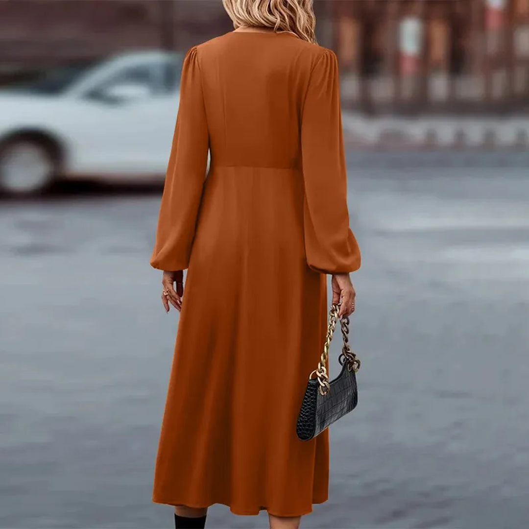 Deep V-Neck Bishop Sleeve Button-Front Pleated A-Line Midi Dress