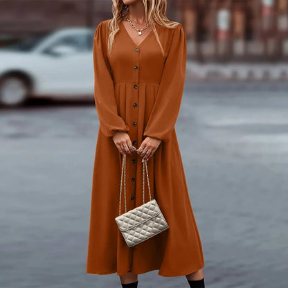 Deep V-Neck Bishop Sleeve Button-Front Pleated A-Line Midi Dress