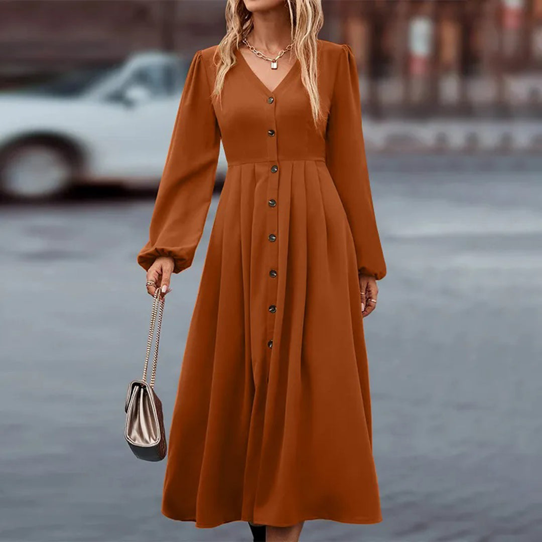 Deep V-Neck Bishop Sleeve Button-Front Pleated A-Line Midi Dress