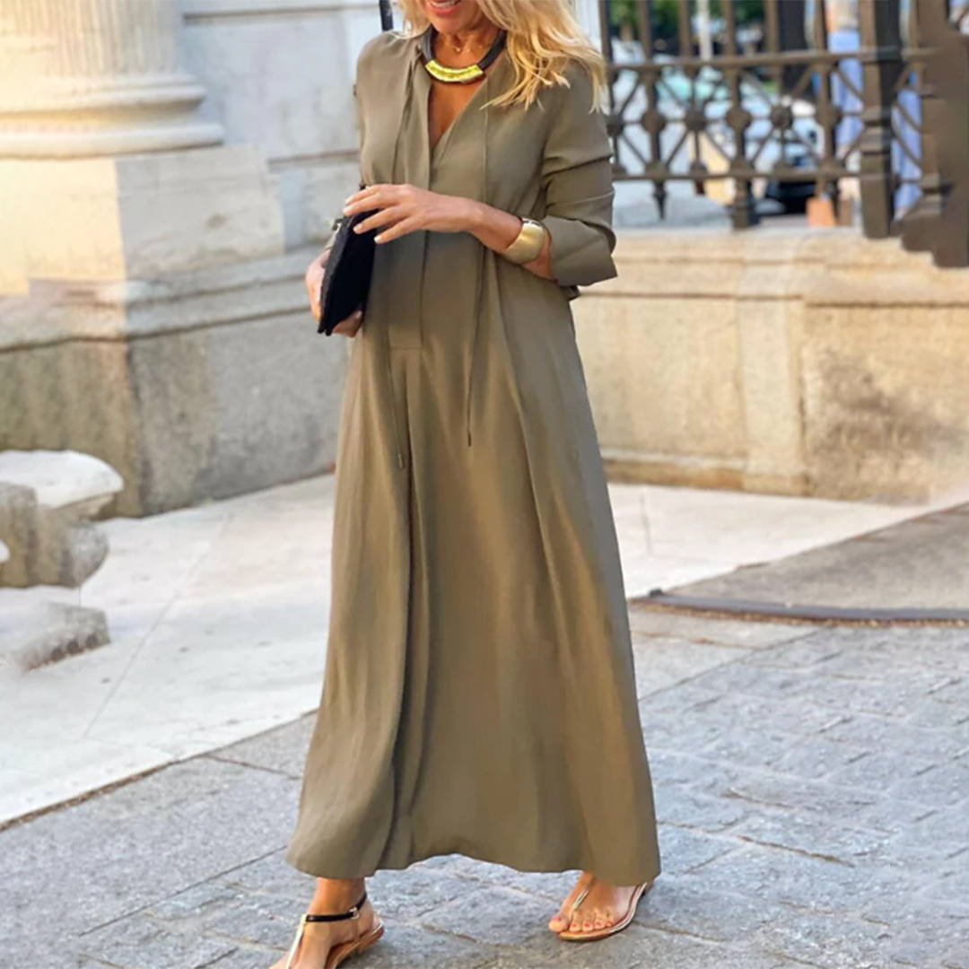 Deep V-Neck Drawstring Tie Long Sleeve Oversized Maxi Dress