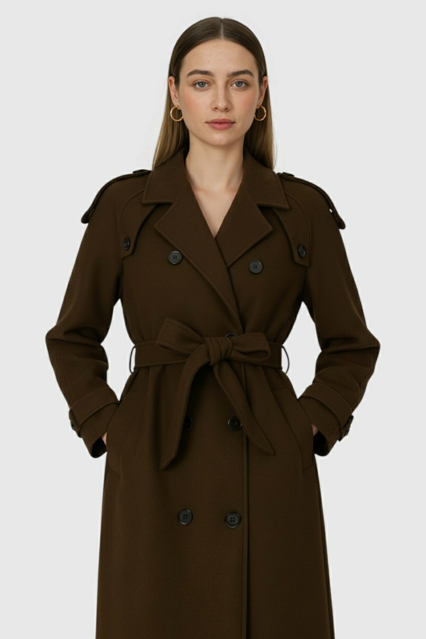Long Double-Breasted Coat | Belted Waist | Relaxed Fit