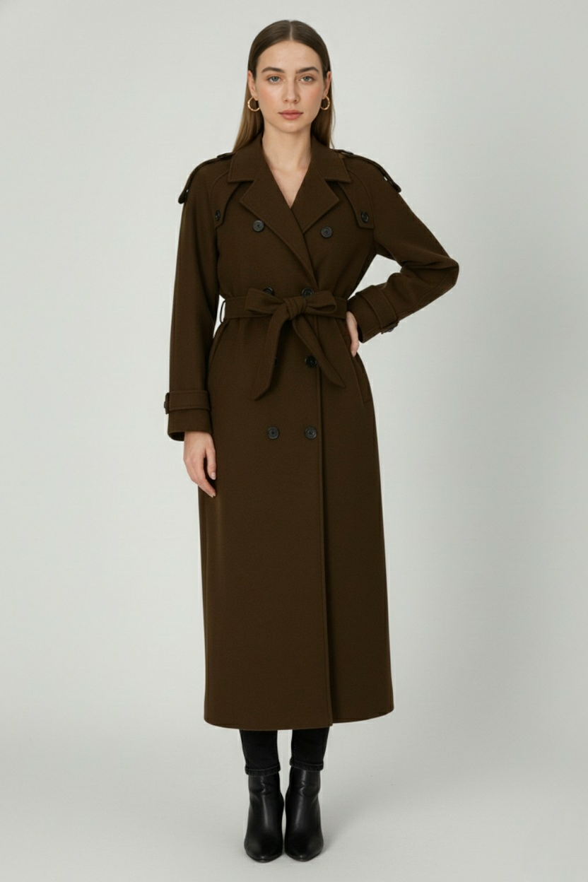 Long Double-Breasted Coat | Belted Waist | Relaxed Fit