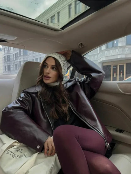 Burgundy Oversized Leather Jacket with Luxurious Shoulder Details