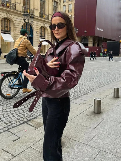 Burgundy Oversized Leather Jacket with Luxurious Shoulder Details