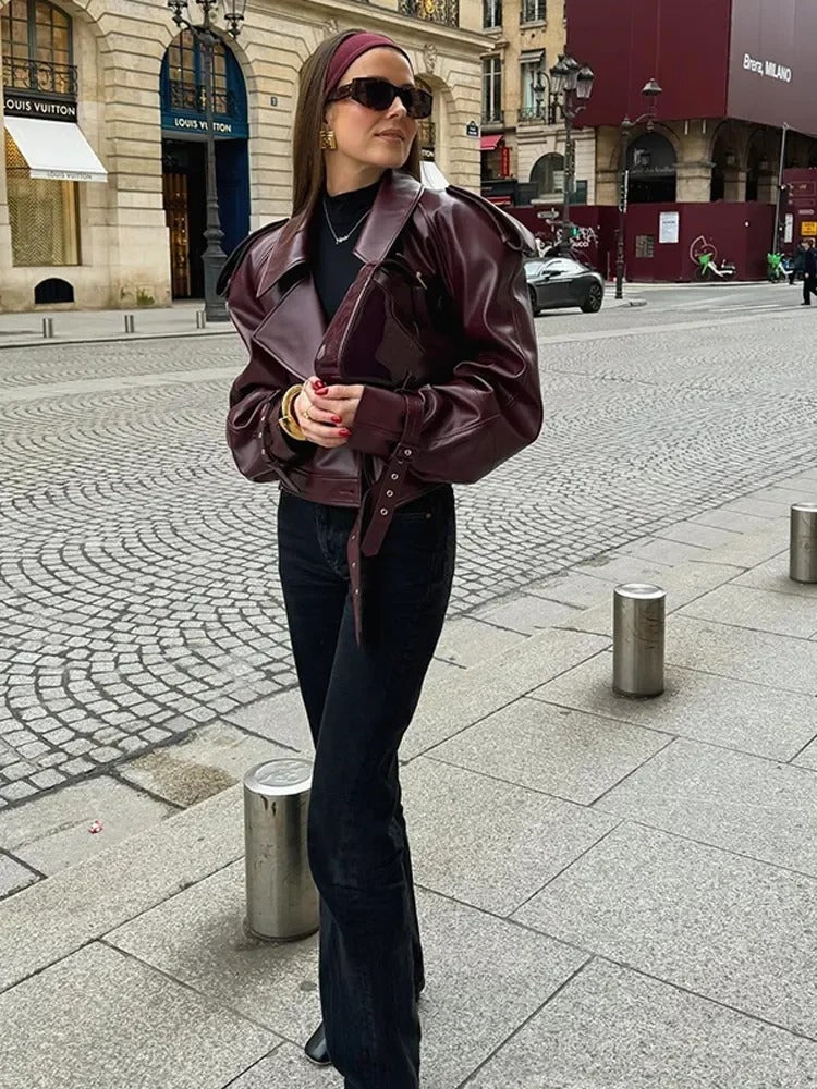 Burgundy Oversized Leather Jacket with Luxurious Shoulder Details