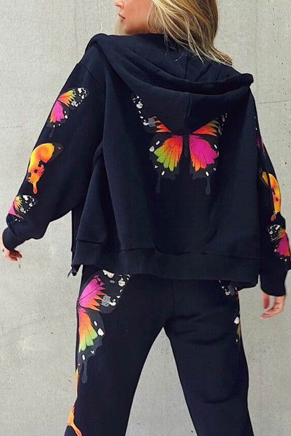 Butterfly Print Zip-up Hoodie Sweatpants Set