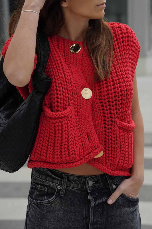 Button Front Sleeveless Pocket Knit Cardigan