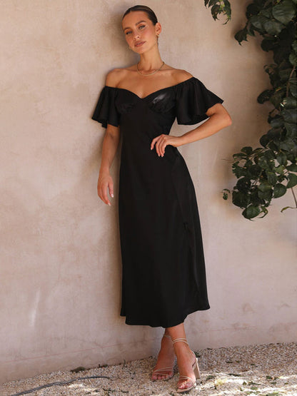 Summer Midi Dress Light Green Bateau Neck Satin Fabric Beach Dress