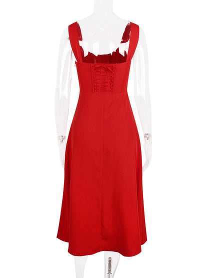Corset Dress Floral Wide Strap Backless Lace Up Slit Sexy Party Midi Dresses