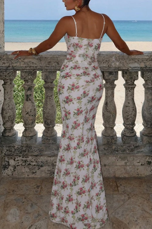 Spaghetti Strap Corset Floral Print Bodycon Maxi Dress
