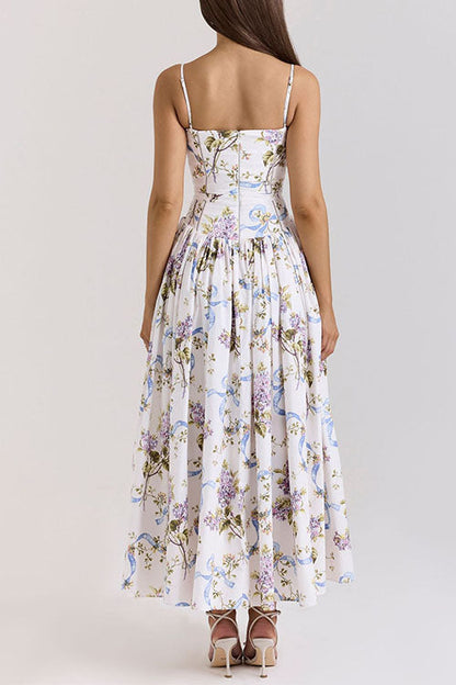 Spaghetti Strap Floral Print Bustier A-line Maxi Dress