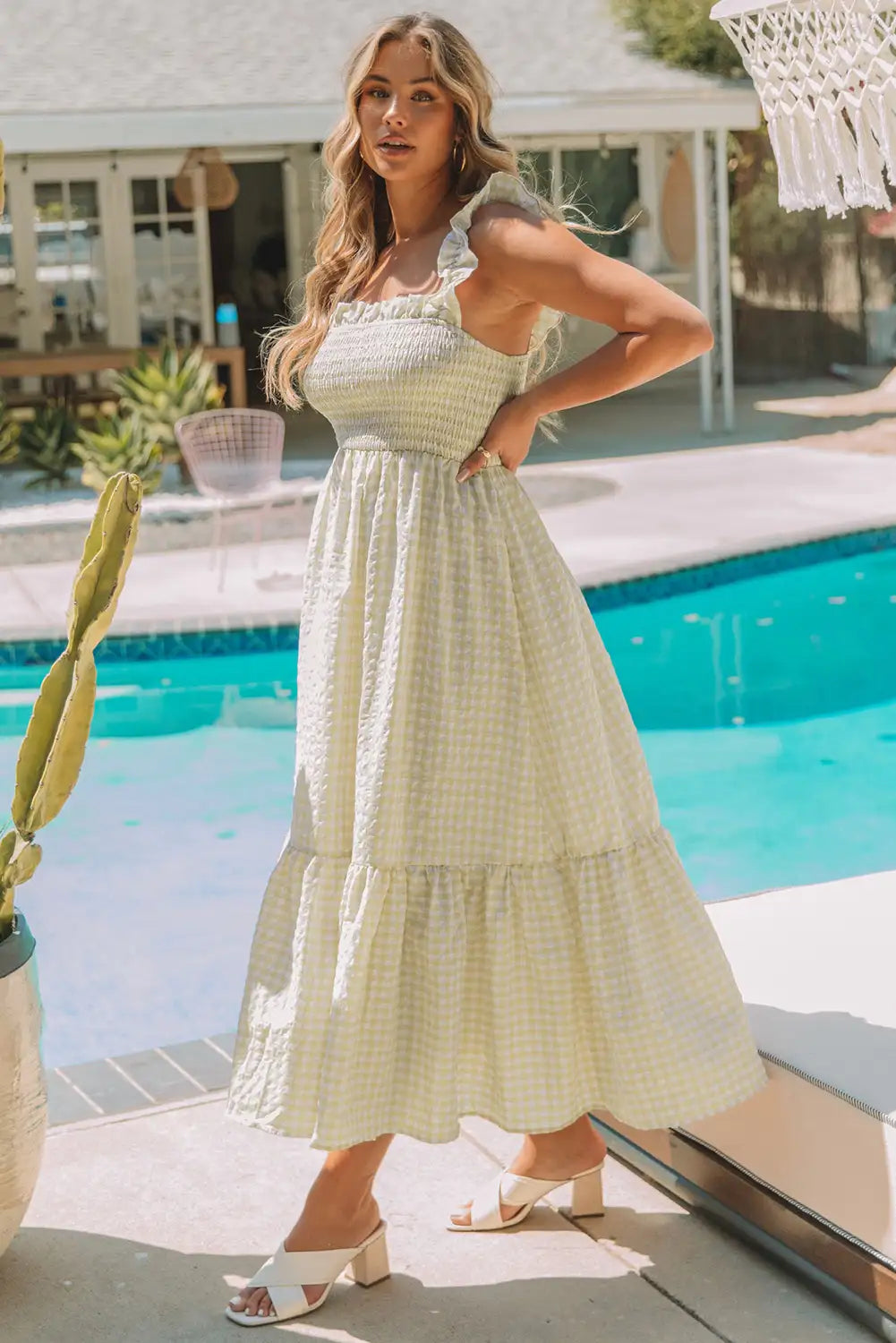ruffled sleeve smocked maxi dress in khaki plaid