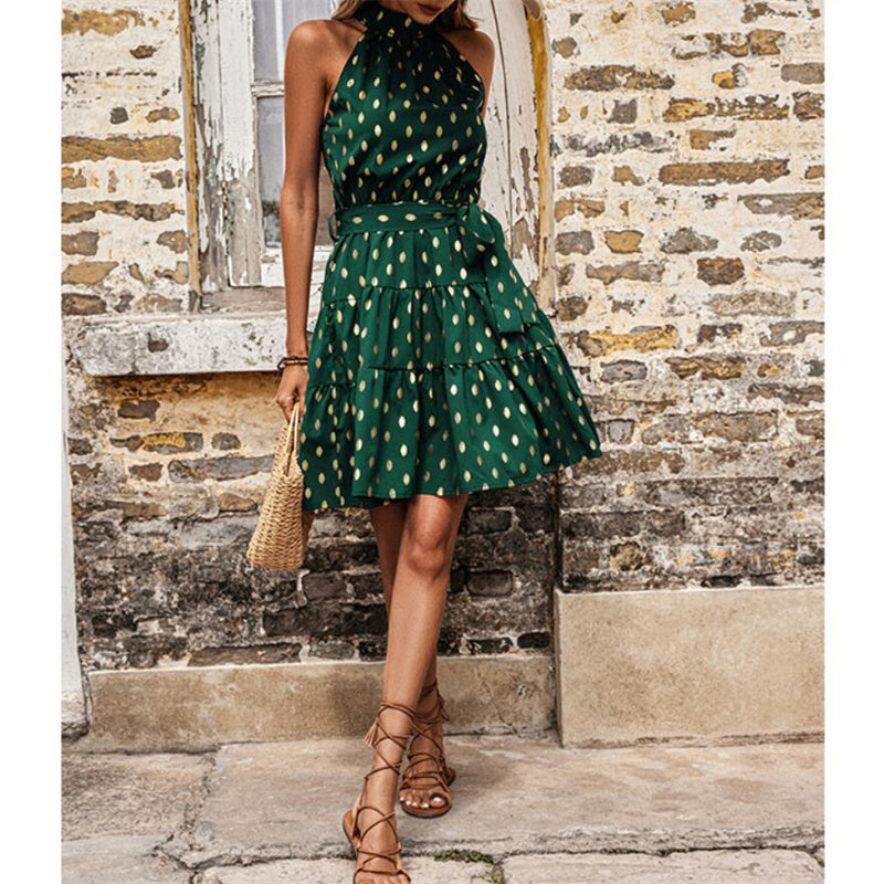 Elegant Dot Sleeveless Halter Neck Mini Dress in Green, Navy, Wine Red