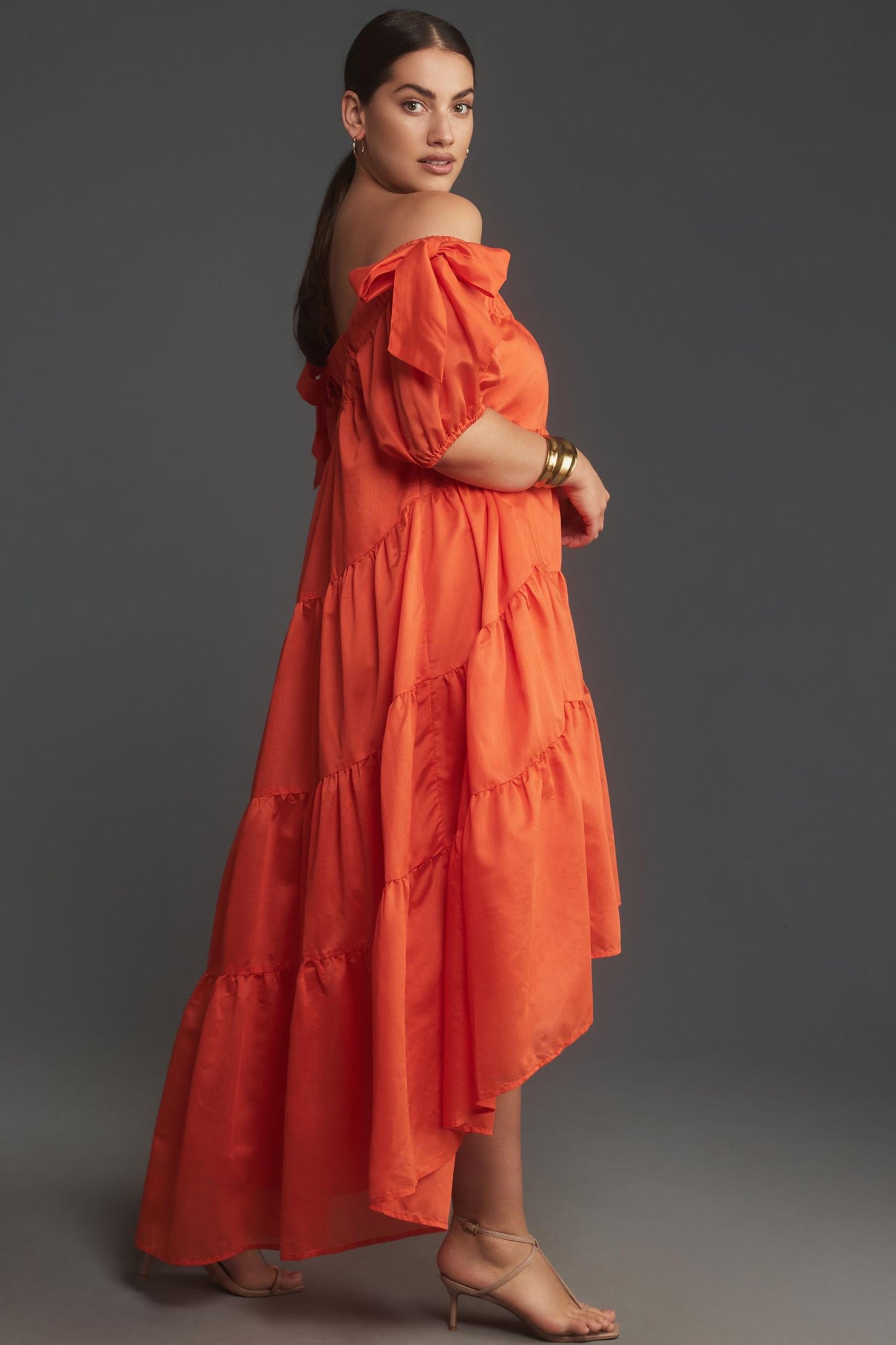The-Shoulder Tiered High-Low Midi Dress