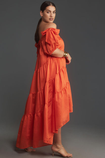 The-Shoulder Tiered High-Low Midi Dress