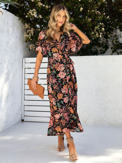 Print Midi Dresses Floral Print Layered Lace Up V-Neck Short Sleeves Casual Summer Dresses