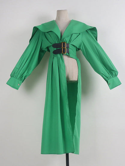 High Waisted Long Sleeves Asymmetric Belted Pleated Solid Color Lapel Midi Dresses