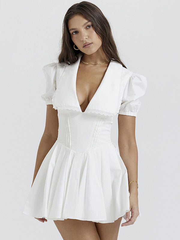 Summer Mini Dresses White V-Neck Bows Beach Dress