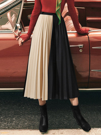 Retro Pleated Skirt Two-One With Elastic Waist Fall Winter Midi Dress