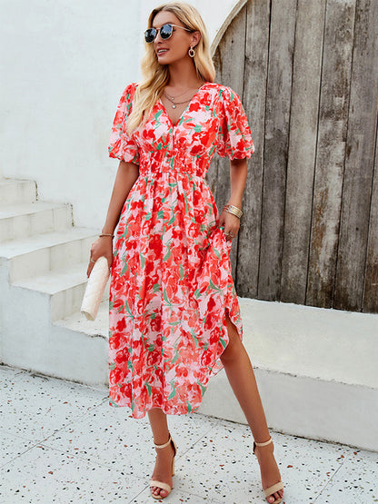Floral Dress Midi Dress Printed Short Sleeves V-Neck Sweet Summer