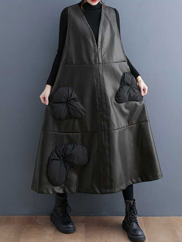 A-Line Loose Flower-Embellished Split-Joint V-Neck Midi Dresses