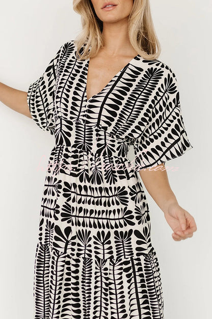 Bohemian Style Unique Printed Short Sleeve High Waist Midi Dress