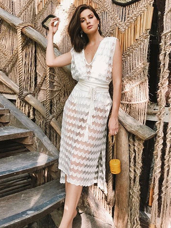 Sexy Sheer Dress Sleeveless V-Neck Belted Party Club Midi Dresses