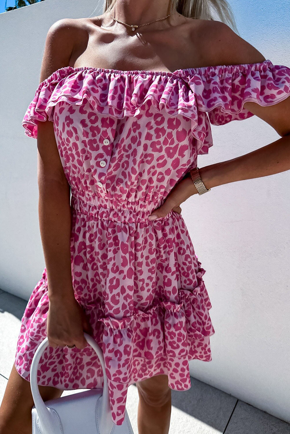 Rose Leopard Off Shoulder Buttoned Ruffled Mini Dress