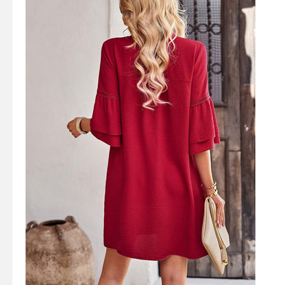 V-Neck Ruffle Sleeve Pocket Mini Dress in Four Colors