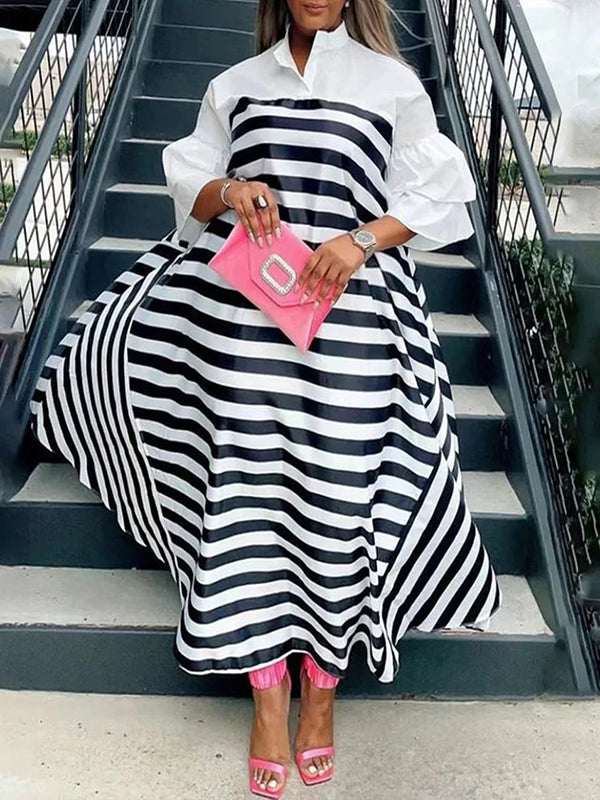 Loose Three-Quarter Sleeves Split-Joint Striped Stand Collar Maxi Dresses