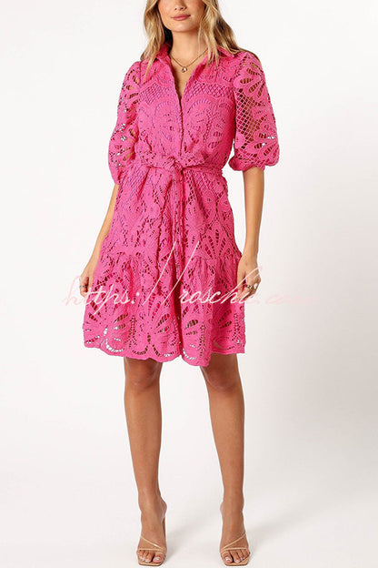 Solid Color Lace Cutout Balloon Sleeves and Waist Tie Mini Dress
