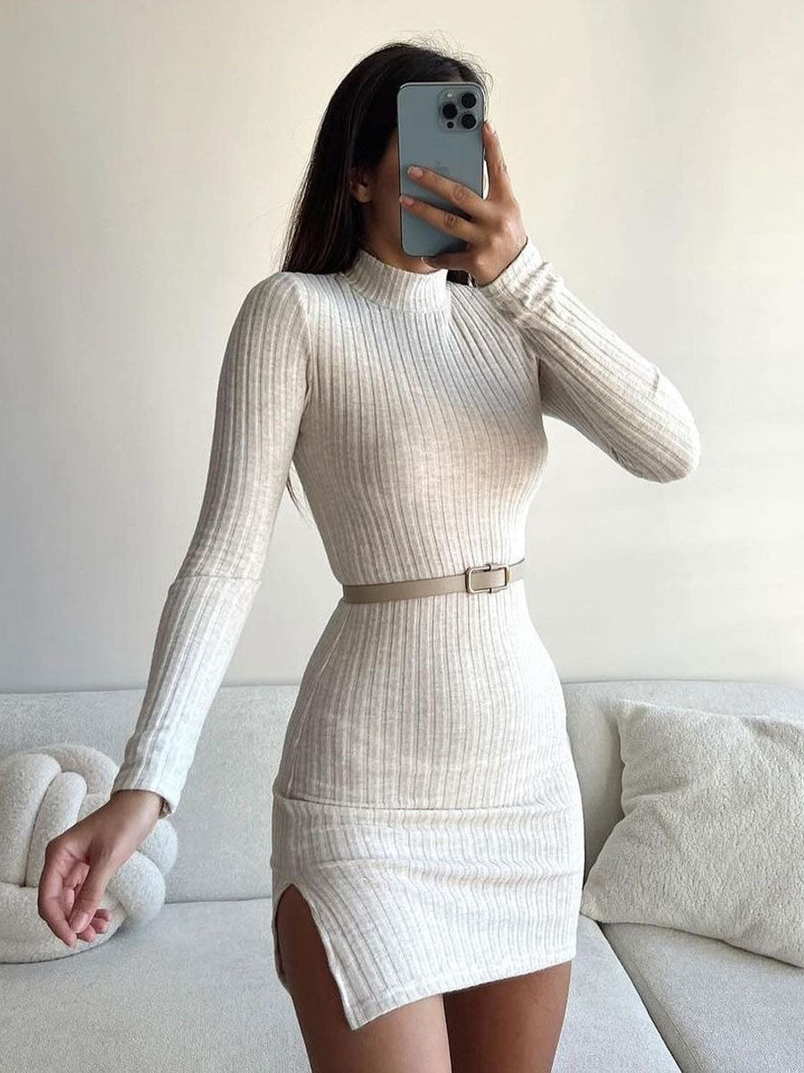 Classic Mini Dress Mock Neck Long Sleeves Ribbed Fall Winter Dresses