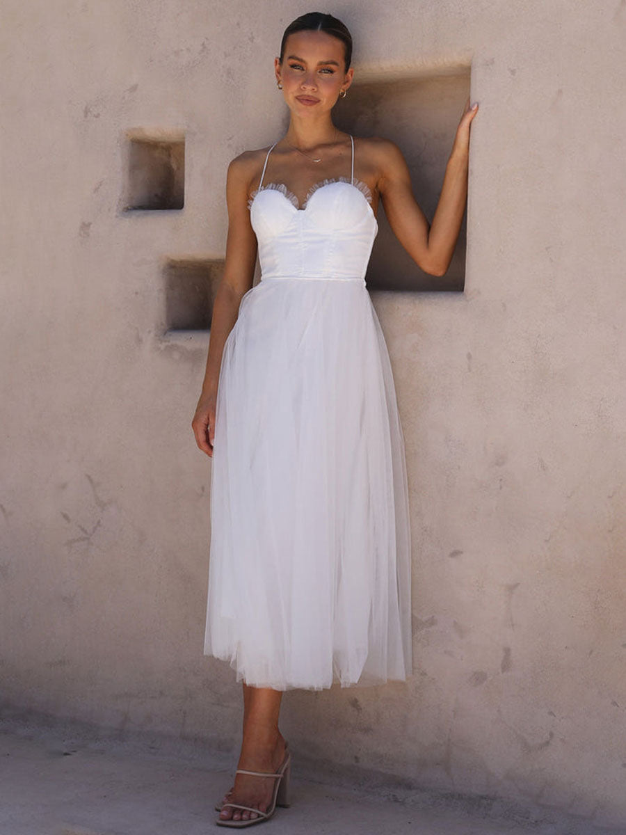 Corest Midi Dress Spaghetti Straps Shirred Lace-up Tulle Skirt Dresses