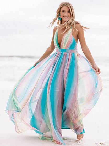 Maxi Dresses Sleeveless Pink Ombre Straps Neck Backless   Floor Length Dress