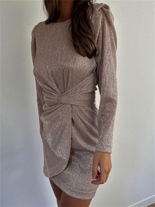Tossy Twist Elegant Fashion Mini Dress Female Pleated Summer Long Sleeve Patchwork Solid Zipper Glitter Women Sexy Dress 2024 – Stylish Pleated Summer Mini Dress