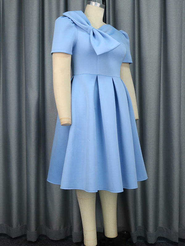 Solid Color Bowknot High-Waisted Tied Waist A-Line Midi Dresses