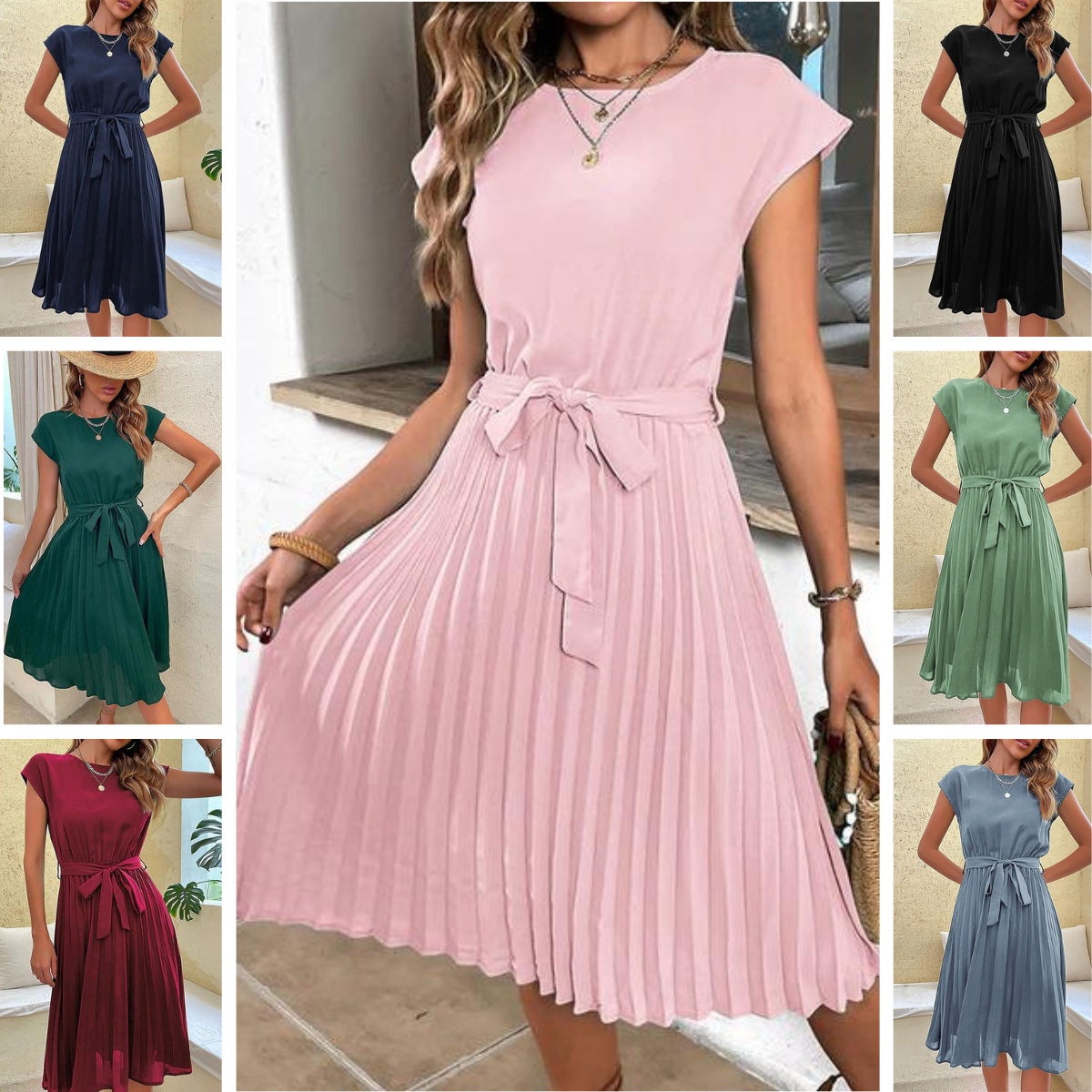 Cap Sleeve Tie Waist Accordion Pleat Midi Dress