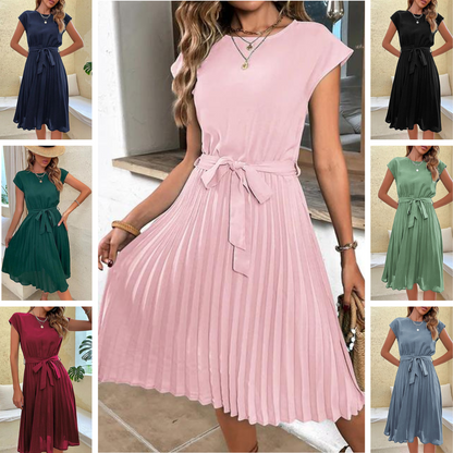 Cap Sleeve Tie Waist Accordion Pleat Midi Dress