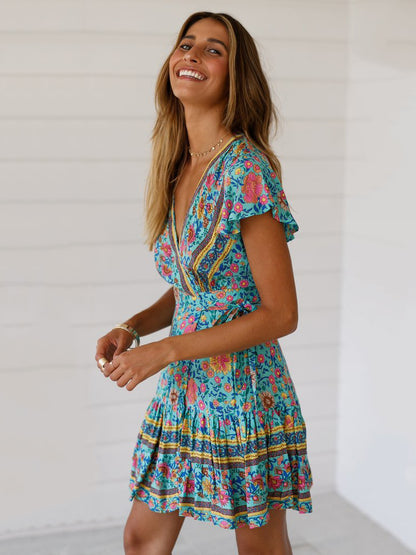 Floral Summer Dresses V Neck Short Sleeve Shaping Mini Dress