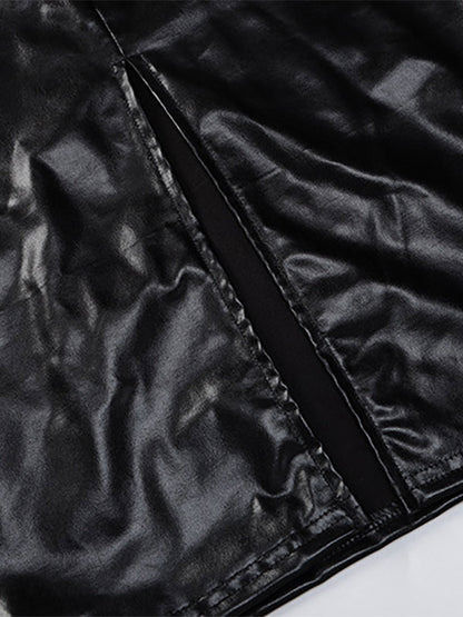 Birthday Open Shoulder PU Leather Sexy Straps Neck Sleeveless Midi Dress
